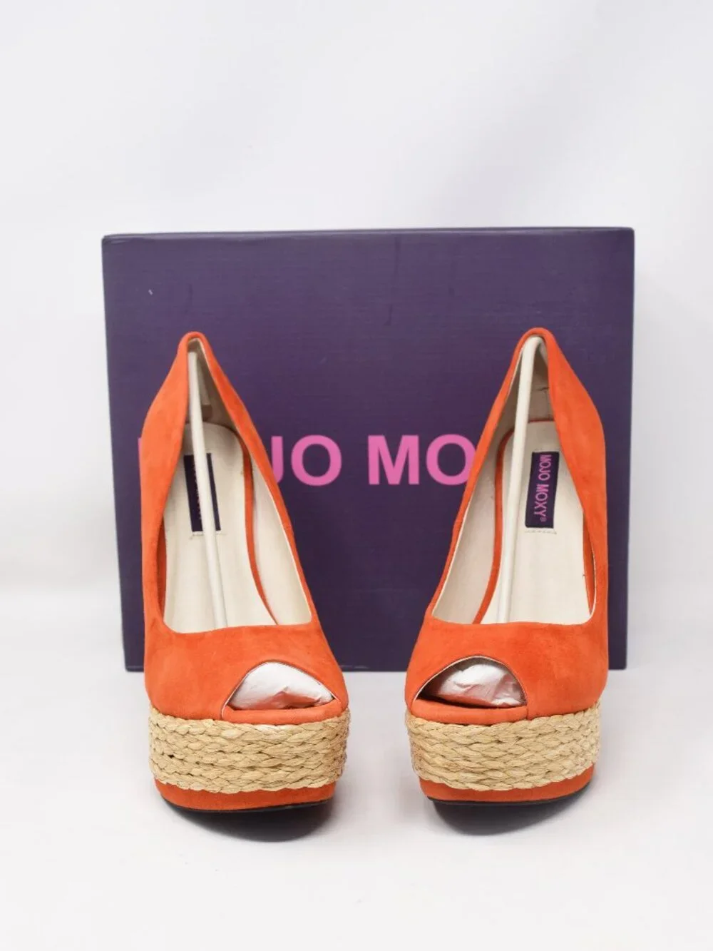 Mojo Moxy Tropicana Platform Pumps 7.5 B Orange Espadrille Heels New Open Peep